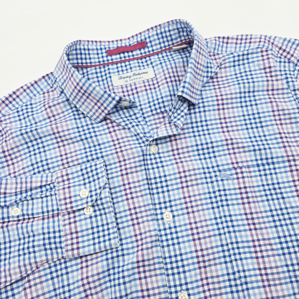 Tommy Bahama The Siesta Key Mens XL Blue Purple Gingham Check Button Down Shirt